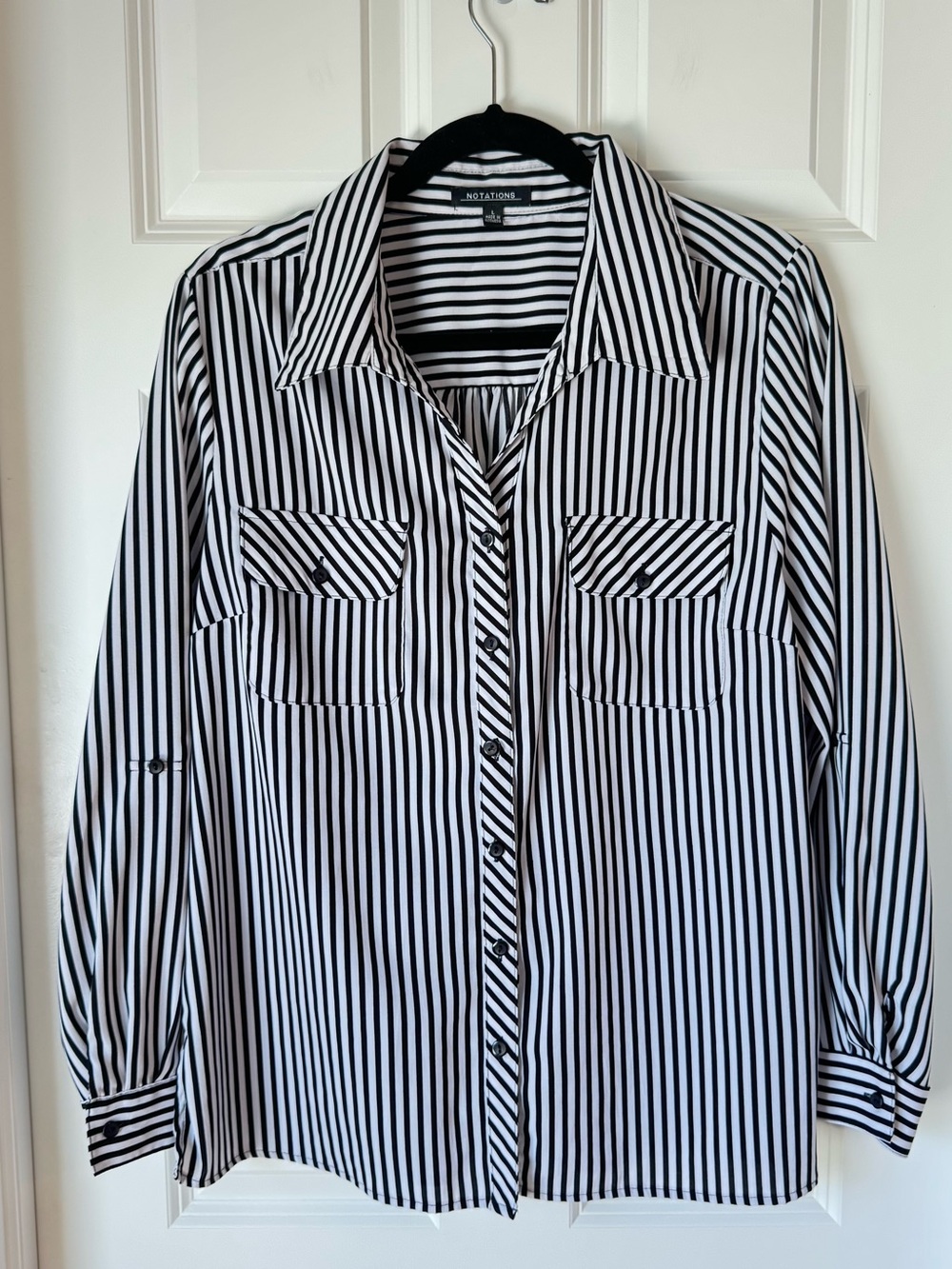 Notations Striped Long Sleeve Button Down Blouse - Black and White - Large